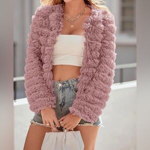 Blush Shaggy Faux Fur Long Sleeve Cropped Jacket